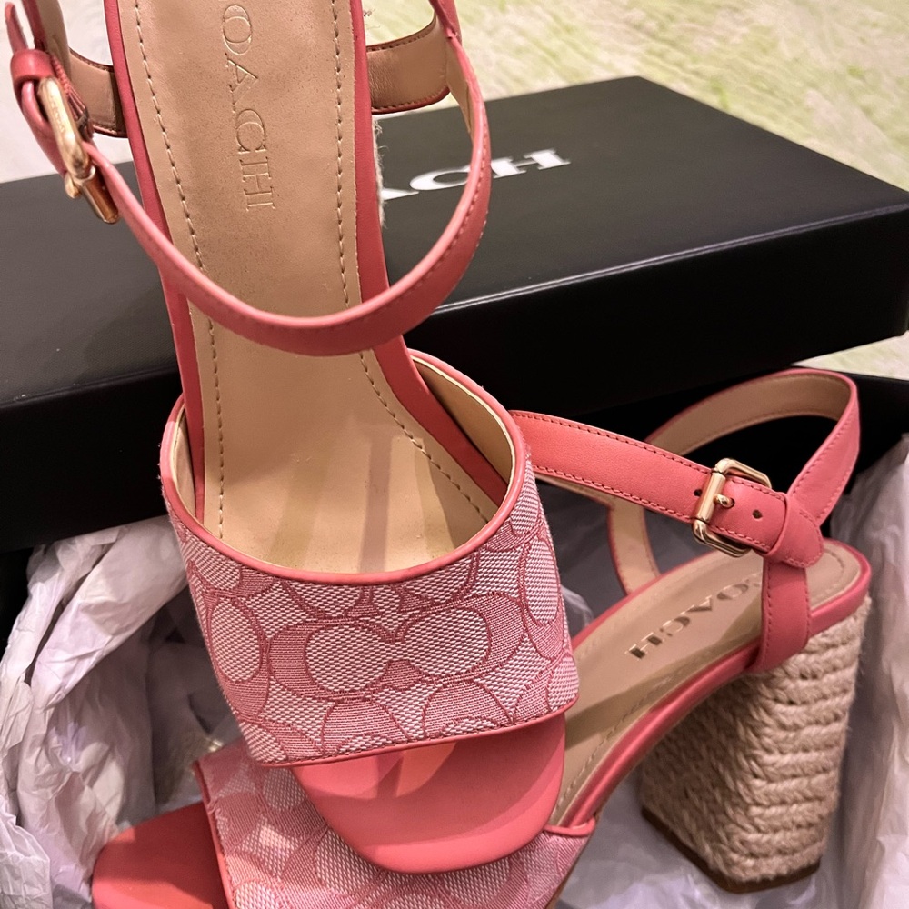Coach Coral Pink Signature Canvas Espadrille Wedge Sandals